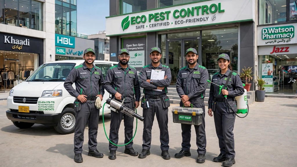 ECO Pest Control Team & Suzuki Work Van Outside Storefront